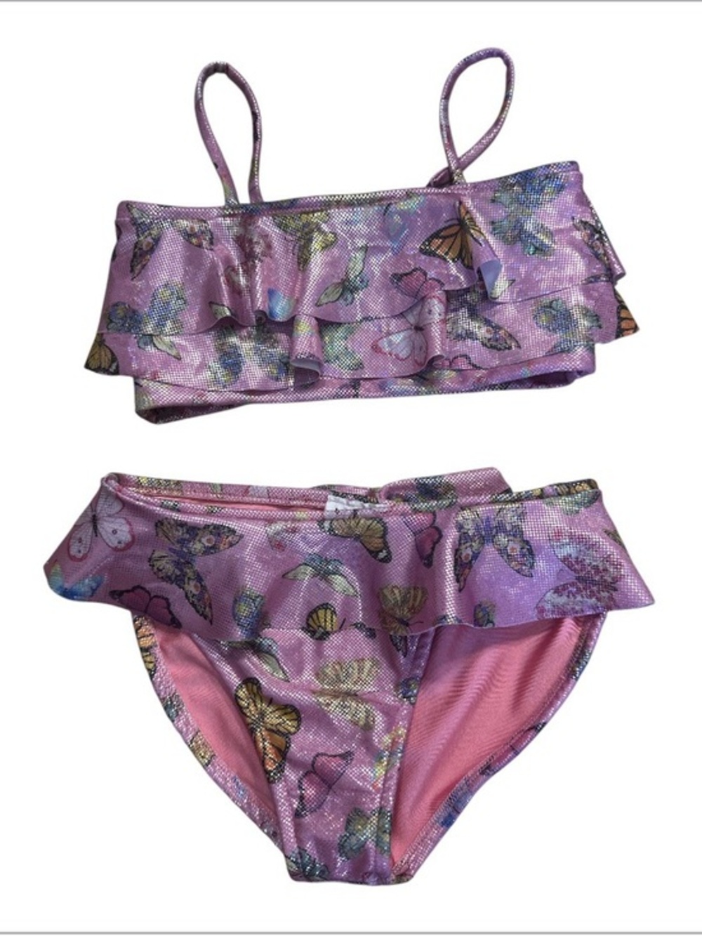 New! Les Tout Petits Ruffle Bandeau Pink Foil Butterfly Bikini Girls 10